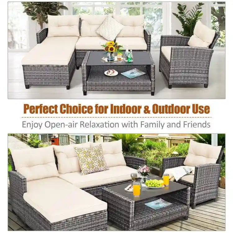 Ensemble de mobilier de jardin en rotin 4 pièces avec coussin et étagère de table - 27,5 x 47 x 30 (L x l x H)