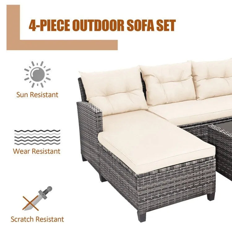 Ensemble de mobilier de jardin en rotin 4 pièces avec coussin et étagère de table - 27,5 x 47 x 30 (L x l x H)