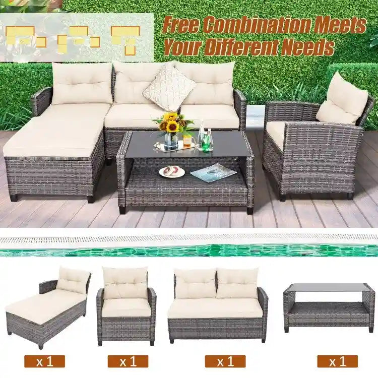Ensemble de mobilier de jardin en rotin 4 pièces avec coussin et étagère de table - 27,5 x 47 x 30 (L x l x H)