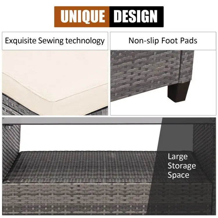 Ensemble de mobilier de jardin en rotin 4 pièces avec coussin et étagère de table - 27,5 x 47 x 30 (L x l x H)