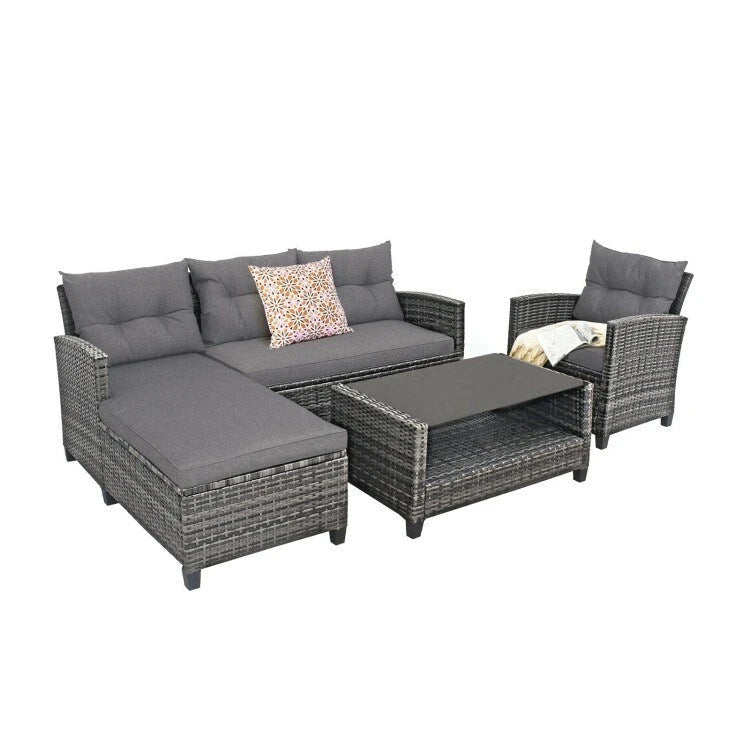 Ensemble de mobilier de jardin en rotin 4 pièces avec coussin et étagère de table - 27,5 x 47 x 30 (L x l x H)
