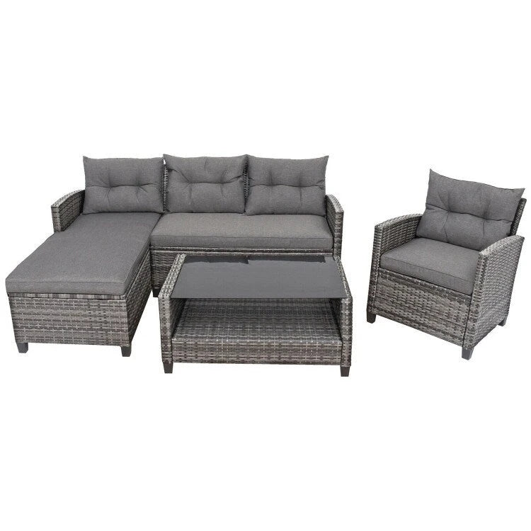 Ensemble de mobilier de jardin en rotin 4 pièces avec coussin et étagère de table - 27,5 x 47 x 30 (L x l x H)