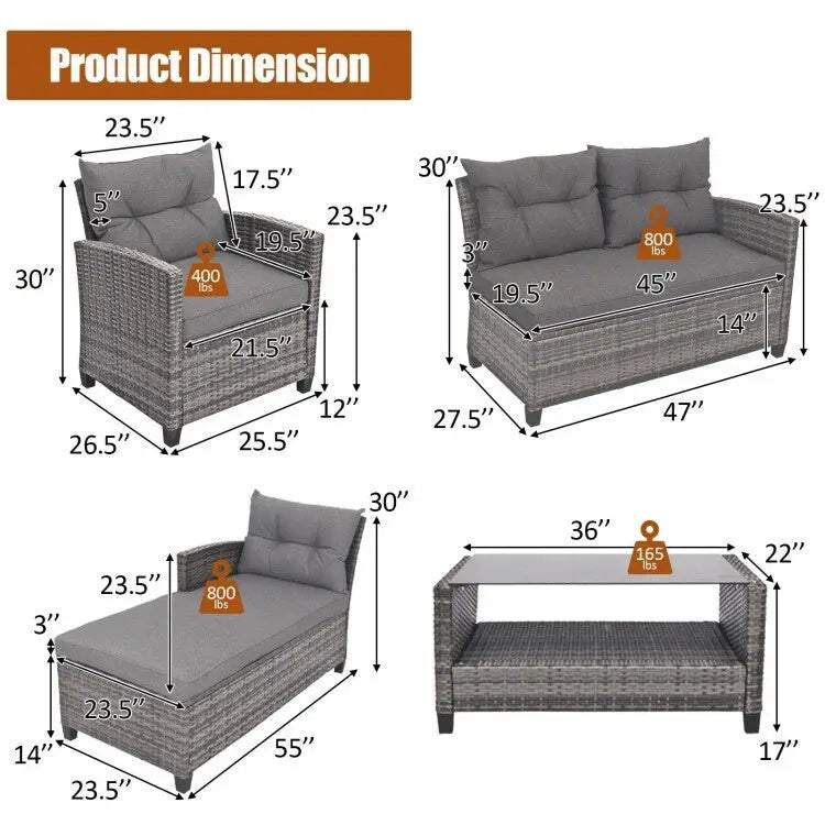 Ensemble de mobilier de jardin en rotin 4 pièces avec coussin et étagère de table - 27,5 x 47 x 30 (L x l x H)