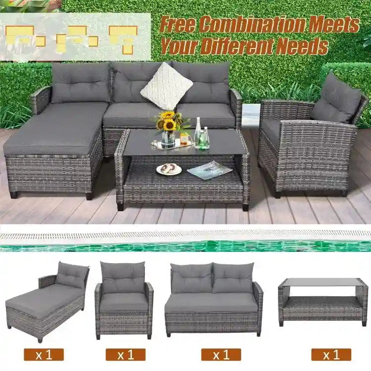 Ensemble de mobilier de jardin en rotin 4 pièces avec coussin et étagère de table - 27,5 x 47 x 30 (L x l x H)