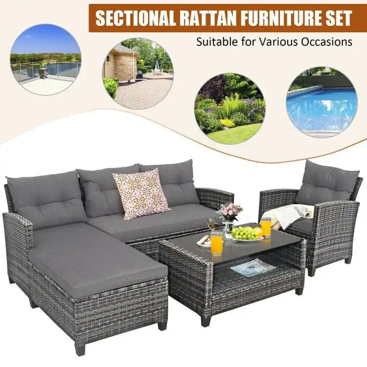 Ensemble de mobilier de jardin en rotin 4 pièces avec coussin et étagère de table - 27,5 x 47 x 30 (L x l x H)