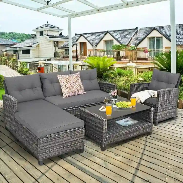 Ensemble de mobilier de jardin en rotin 4 pièces avec coussin et étagère de table - 27,5 x 47 x 30 (L x l x H)