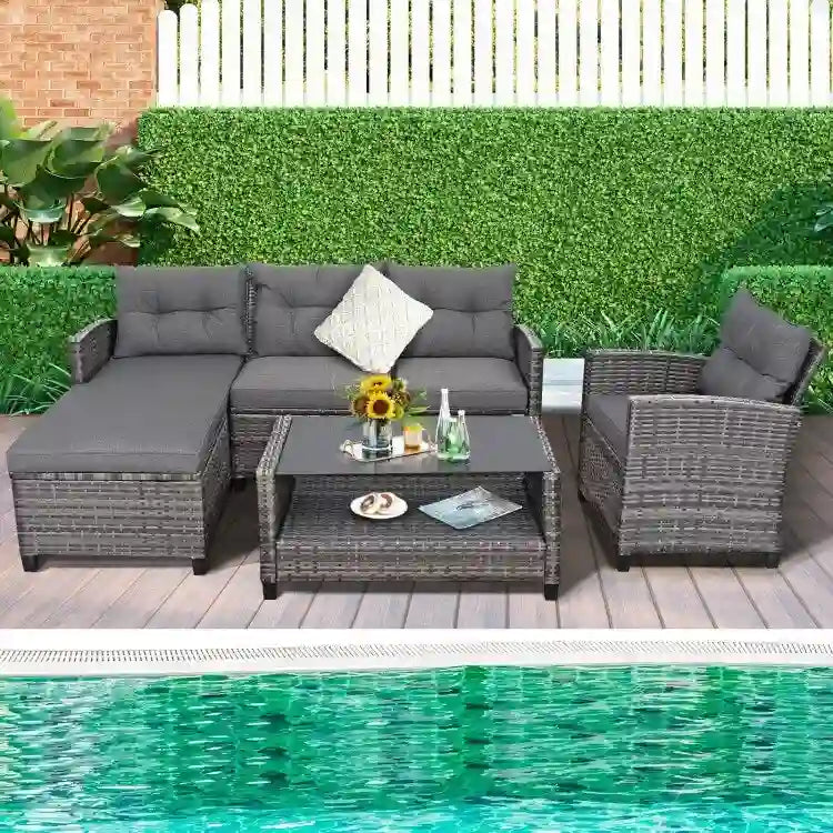 Ensemble de mobilier de jardin en rotin 4 pièces avec coussin et étagère de table - 27,5 x 47 x 30 (L x l x H)