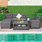 Ensemble de mobilier de jardin en rotin 4 pièces avec coussin et étagère de table - 27,5 x 47 x 30 (L x l x H)