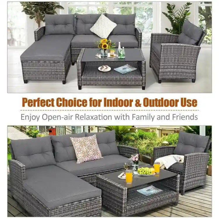 Ensemble de mobilier de jardin en rotin 4 pièces avec coussin et étagère de table - 27,5 x 47 x 30 (L x l x H)