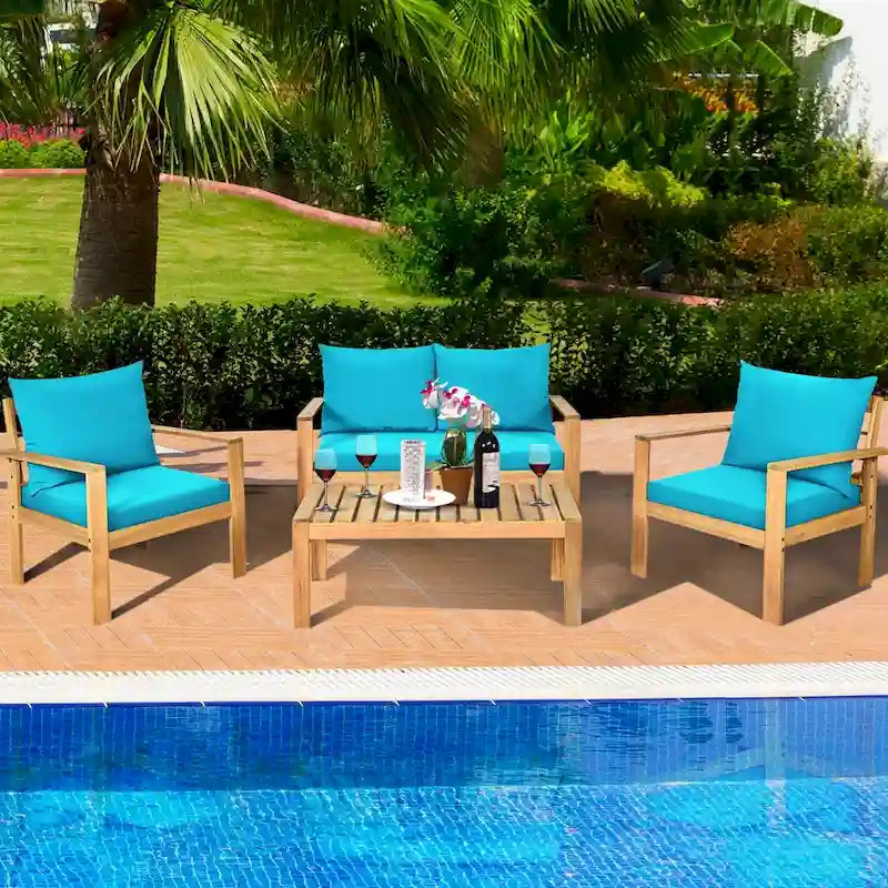 Ensemble de mobilier de jardin Gymax 4 pièces en bois d'acacia avec touches turquoise - Voir les détails