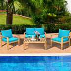 Gymax 4PCS Patio Acacia Wood Conversation Furniture Set w/ Turquoise - See Details