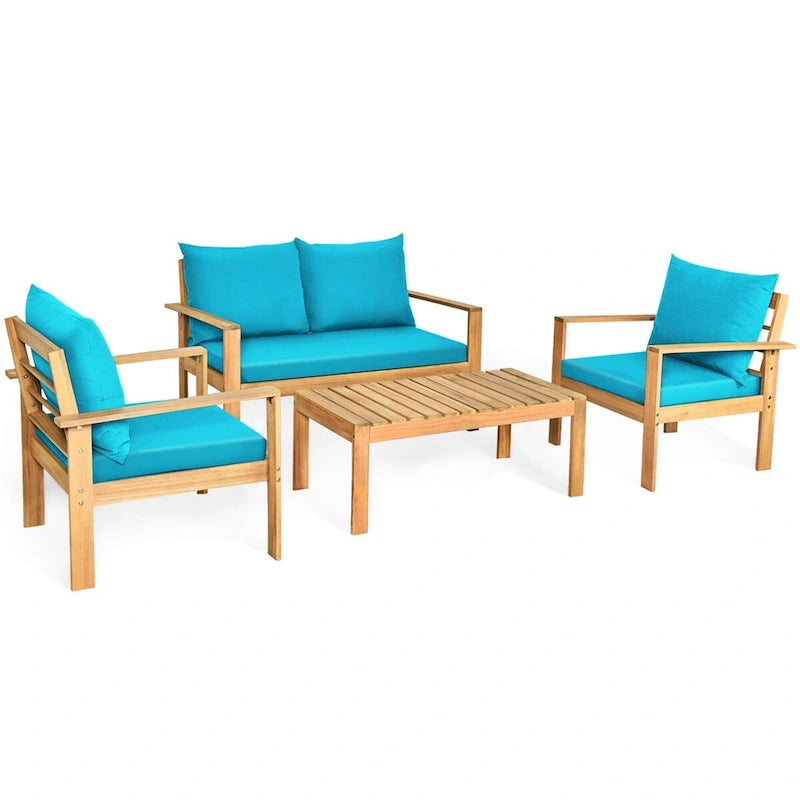 Ensemble de mobilier de jardin Gymax 4 pièces en bois d'acacia avec touches turquoise - Voir les détails