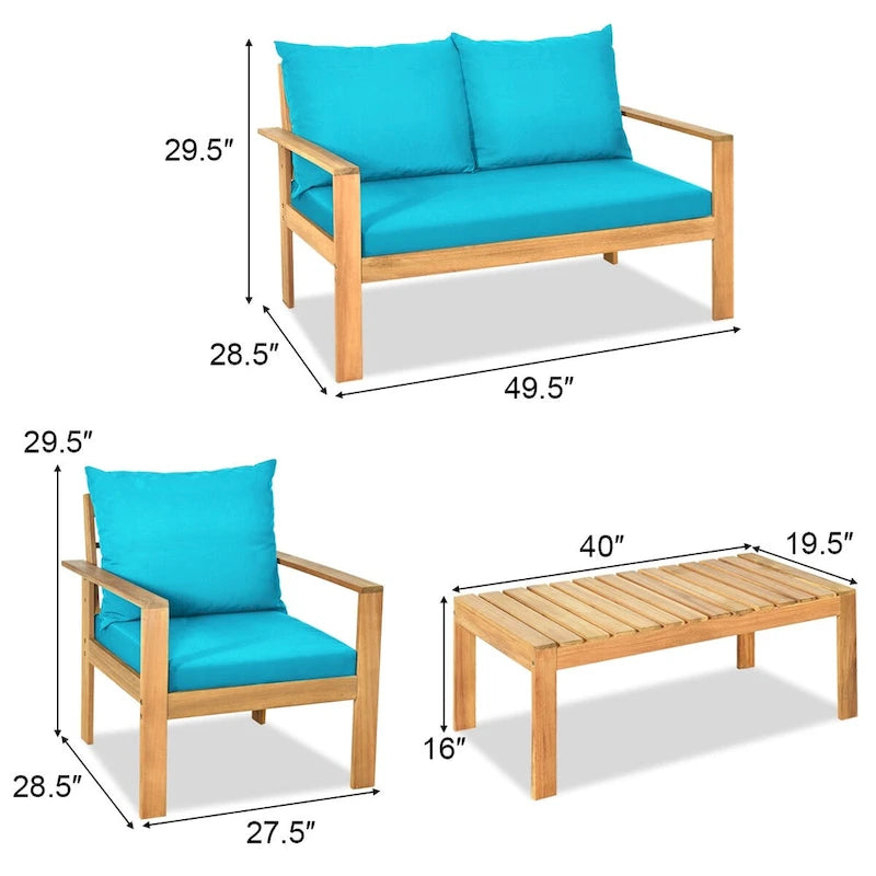 Ensemble de mobilier de jardin Gymax 4 pièces en bois d'acacia avec touches turquoise - Voir les détails