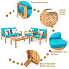 Ensemble de mobilier de jardin Gymax 4 pièces en bois d'acacia avec touches turquoise - Voir les détails