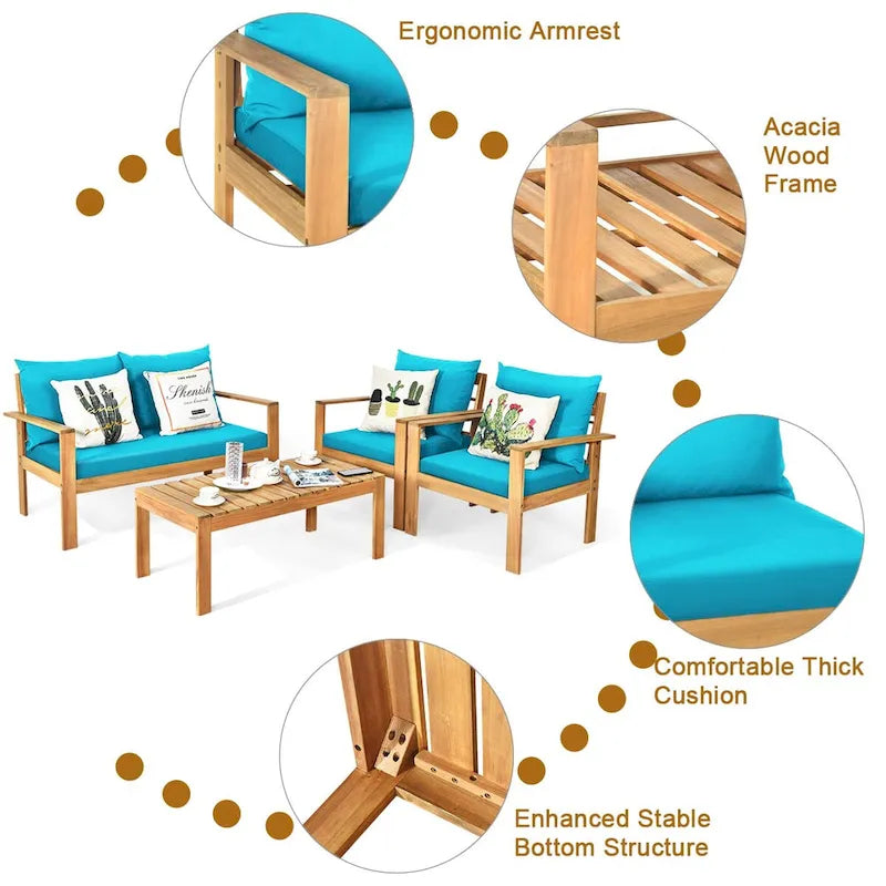 Ensemble de mobilier de jardin Gymax 4 pièces en bois d'acacia avec touches turquoise - Voir les détails