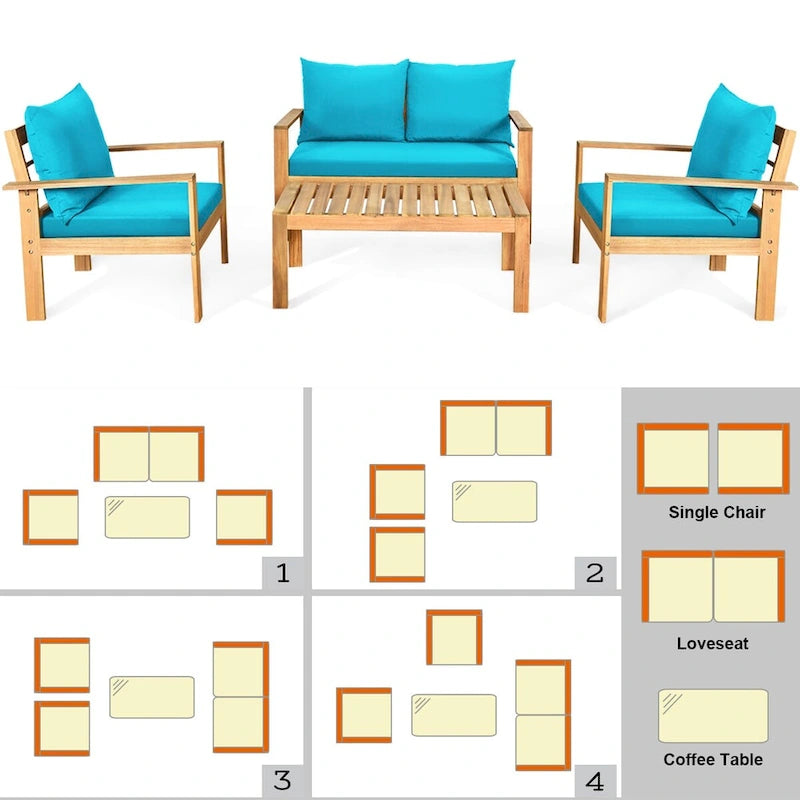 Ensemble de mobilier de jardin Gymax 4 pièces en bois d'acacia avec touches turquoise - Voir les détails