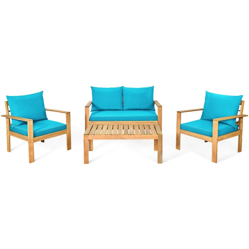 Ensemble de mobilier de jardin Gymax 4 pièces en bois d'acacia avec touches turquoise - Voir les détails