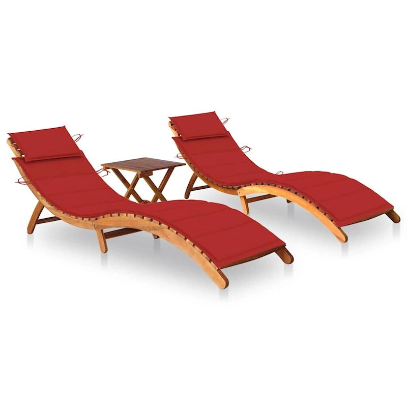 Ensemble de 2 chaises longues vidaXL avec table et coussins en bois d'acacia massif - 72,4 x 21,7 x 25,2