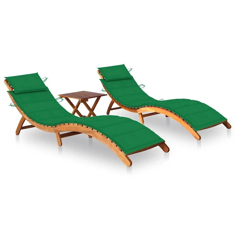 Ensemble de 2 chaises longues vidaXL avec table et coussins en bois d'acacia massif - 72,4 x 21,7 x 25,2