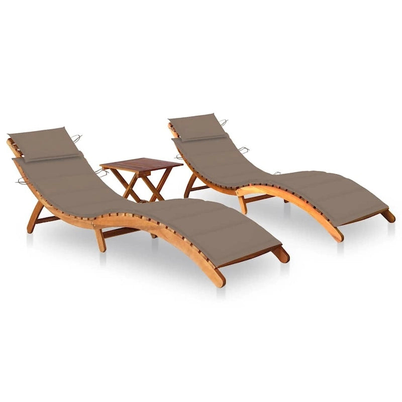 Ensemble de 2 chaises longues vidaXL avec table et coussins en bois d'acacia massif - 72,4 x 21,7 x 25,2
