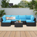 Ensemble de conversation 7 pièces en résine tressée pour patio avec coussins bleus - 85*78