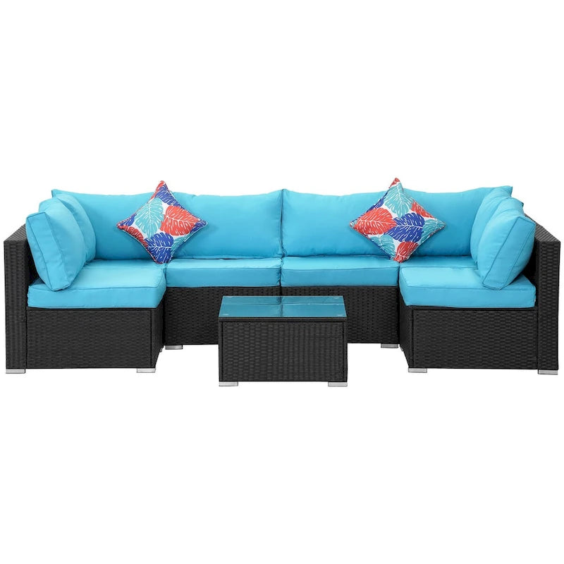 Ensemble de conversation 7 pièces en résine tressée pour patio avec coussins bleus - 85*78