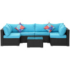 Ensemble de conversation 7 pièces en résine tressée pour patio avec coussins bleus - 85*78