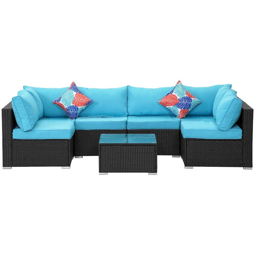 Ensemble de conversation 7 pièces en résine tressée pour patio avec coussins bleus - 85*78