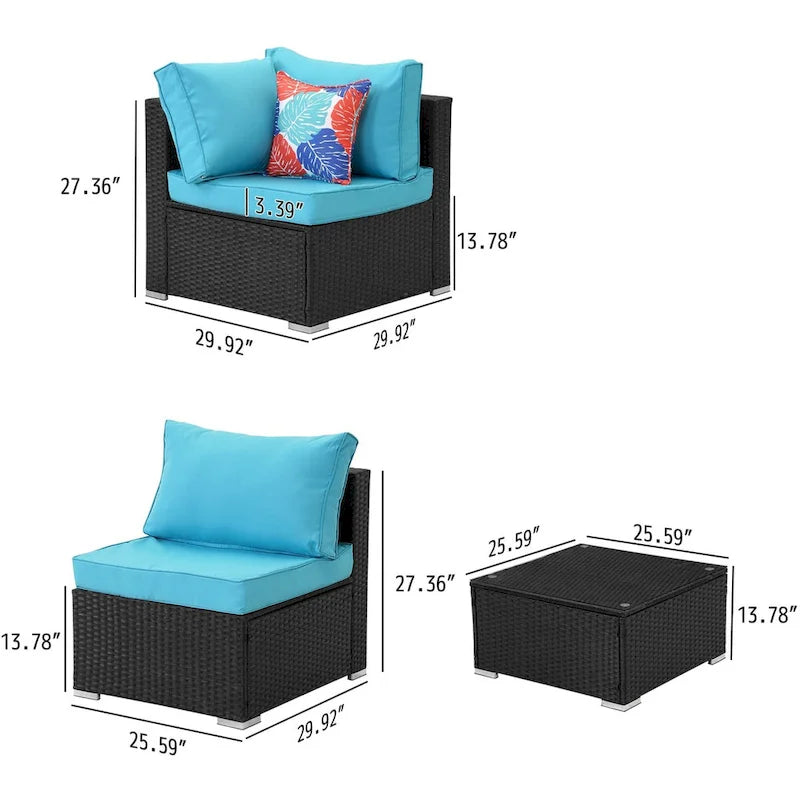 Ensemble de conversation 7 pièces en résine tressée pour patio avec coussins bleus - 85*78