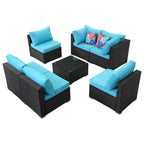 Ensemble de conversation 7 pièces en résine tressée pour patio avec coussins bleus - 85*78