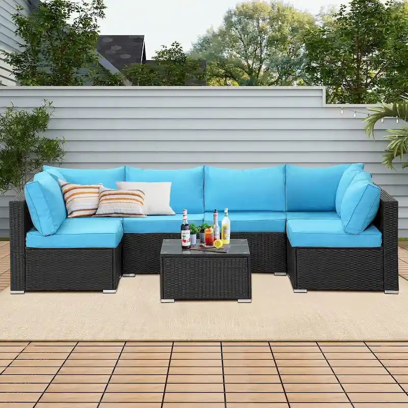 Ensemble de conversation 7 pièces en résine tressée pour patio avec coussins bleus - 85*78