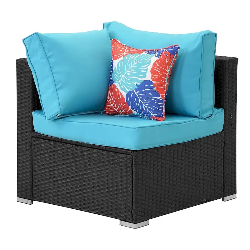 Ensemble de conversation 7 pièces en résine tressée pour patio avec coussins bleus - 85*78