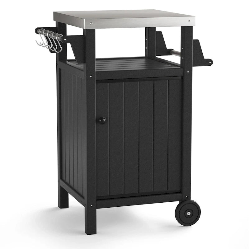 Chariot de service pour barbecue/grill, table de préparation et de repas extérieure avec plateau en acier inoxydable 304 et revêtement en PEHD.