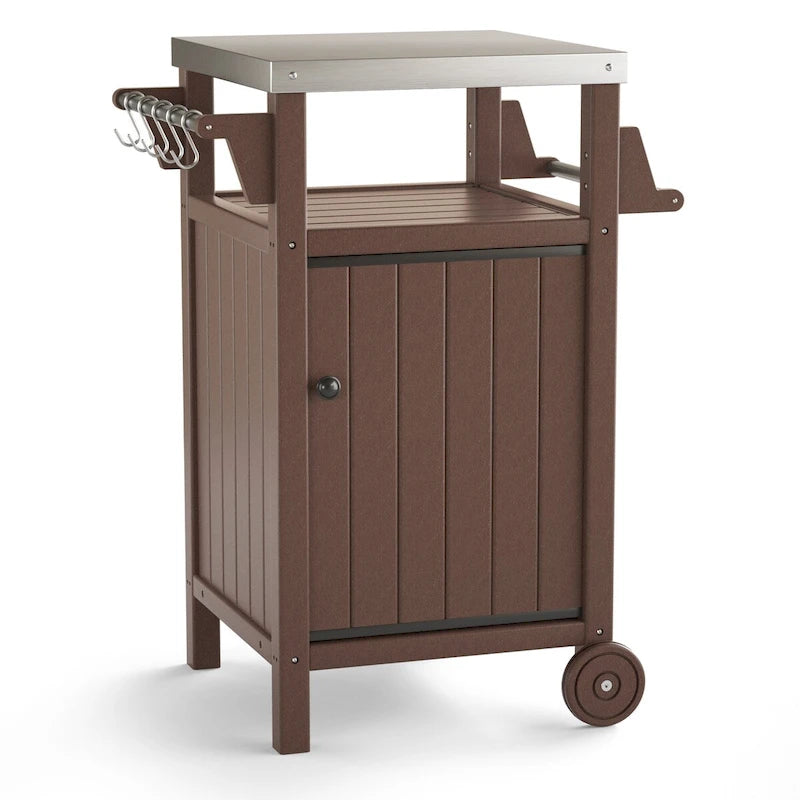 Chariot de service pour barbecue/grill, table de préparation et de repas extérieure avec plateau en acier inoxydable 304 et revêtement en PEHD.