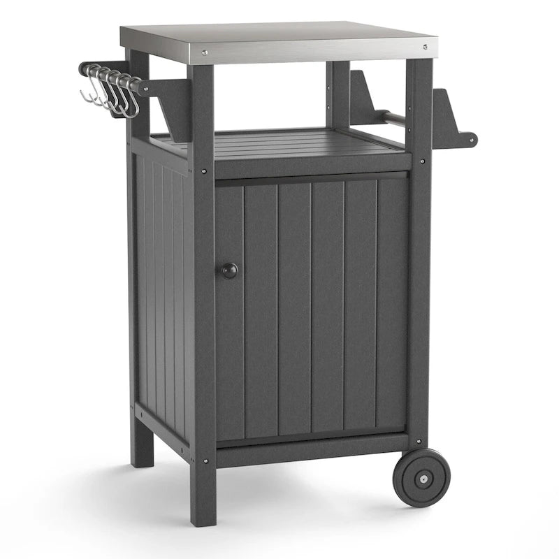Chariot de service pour barbecue/grill, table de préparation et de repas extérieure avec plateau en acier inoxydable 304 et revêtement en PEHD.