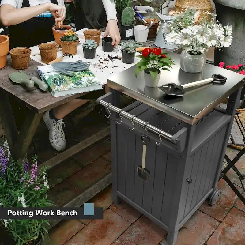 Chariot de service pour barbecue/grill, table de préparation et de repas extérieure avec plateau en acier inoxydable 304 et revêtement en PEHD.