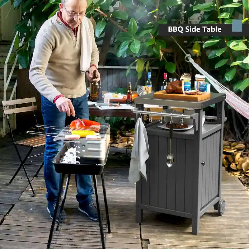 Chariot de service pour barbecue/grill, table de préparation et de repas extérieure avec plateau en acier inoxydable 304 et revêtement en PEHD.