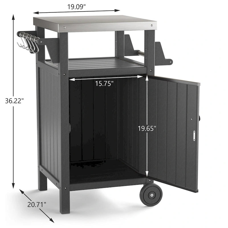 Chariot de service pour barbecue/grill, table de préparation et de repas extérieure avec plateau en acier inoxydable 304 et revêtement en PEHD.