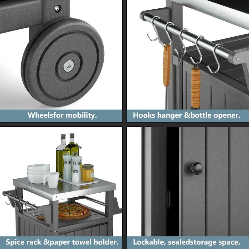 Chariot de service pour barbecue/grill, table de préparation et de repas extérieure avec plateau en acier inoxydable 304 et revêtement en PEHD.