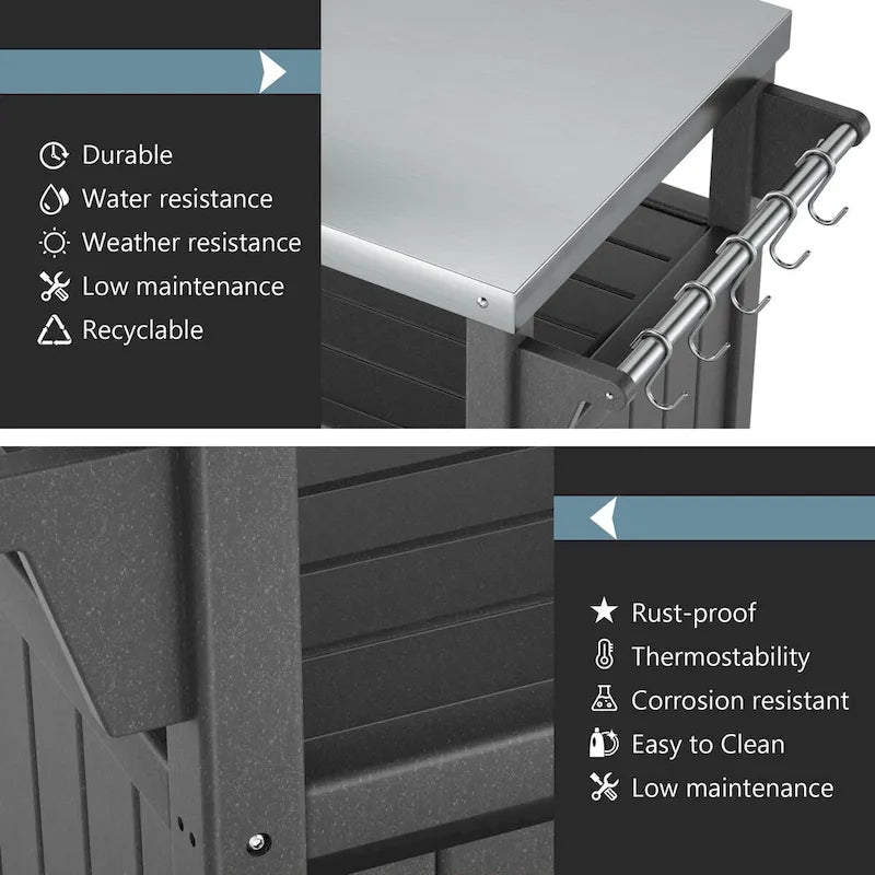 Chariot de service pour barbecue/grill, table de préparation et de repas extérieure avec plateau en acier inoxydable 304 et revêtement en PEHD.
