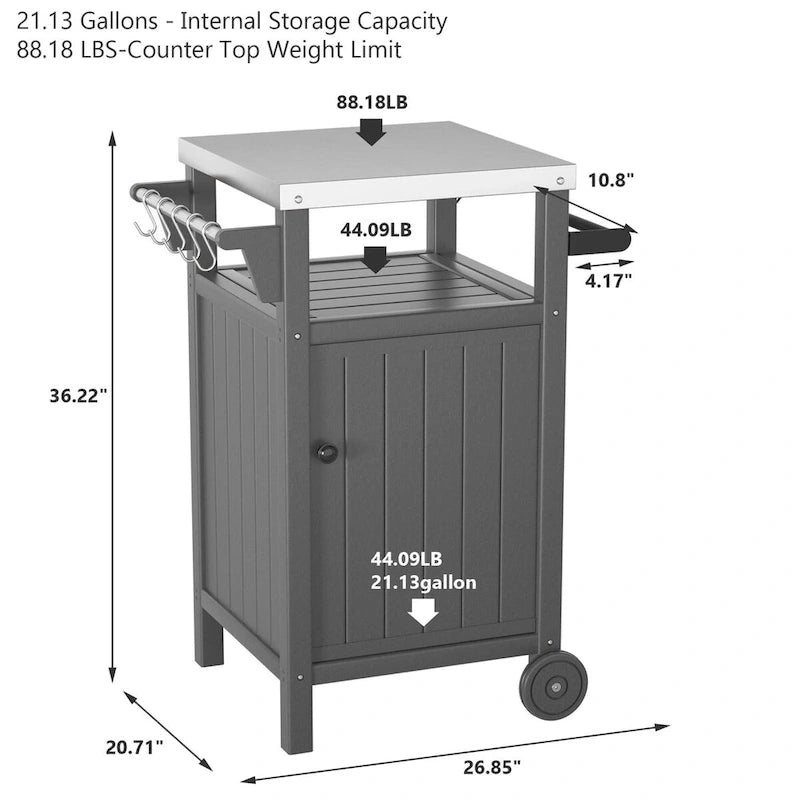 Chariot de service pour barbecue/grill, table de préparation et de repas extérieure avec plateau en acier inoxydable 304 et revêtement en PEHD.