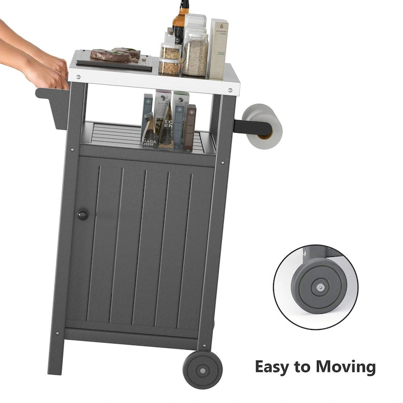 Chariot de service pour barbecue/grill, table de préparation et de repas extérieure avec plateau en acier inoxydable 304 et revêtement en PEHD.