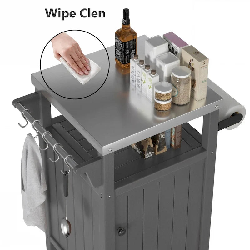 Chariot de service pour barbecue/grill, table de préparation et de repas extérieure avec plateau en acier inoxydable 304 et revêtement en PEHD.
