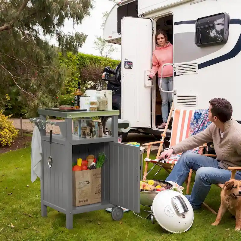 Chariot de service pour barbecue/grill, table de préparation et de repas extérieure avec plateau en acier inoxydable 304 et revêtement en PEHD.