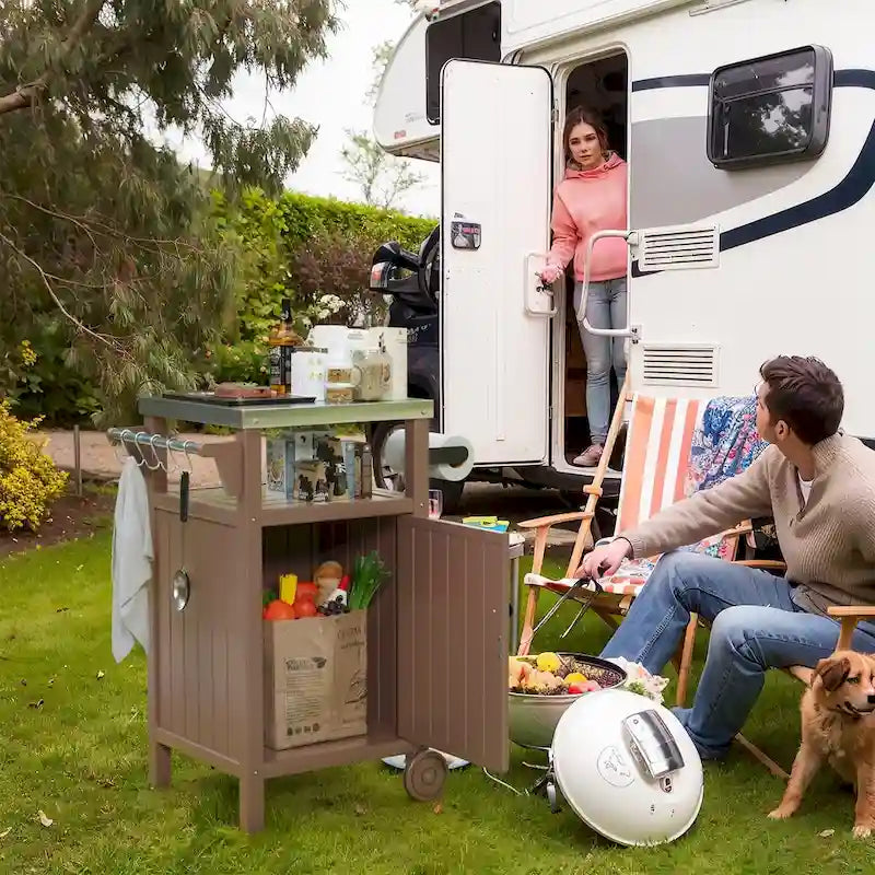 Chariot de service pour barbecue/grill, table de préparation et de repas extérieure avec plateau en acier inoxydable 304 et revêtement en PEHD.
