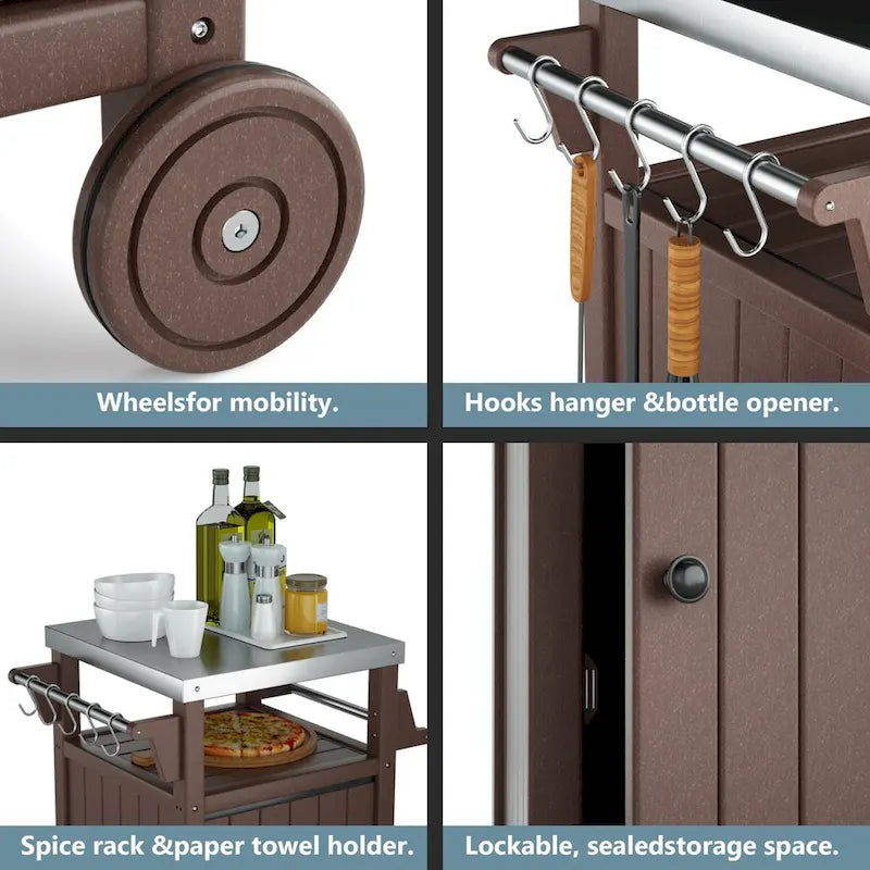 Chariot de service pour barbecue/grill, table de préparation et de repas extérieure avec plateau en acier inoxydable 304 et revêtement en PEHD.