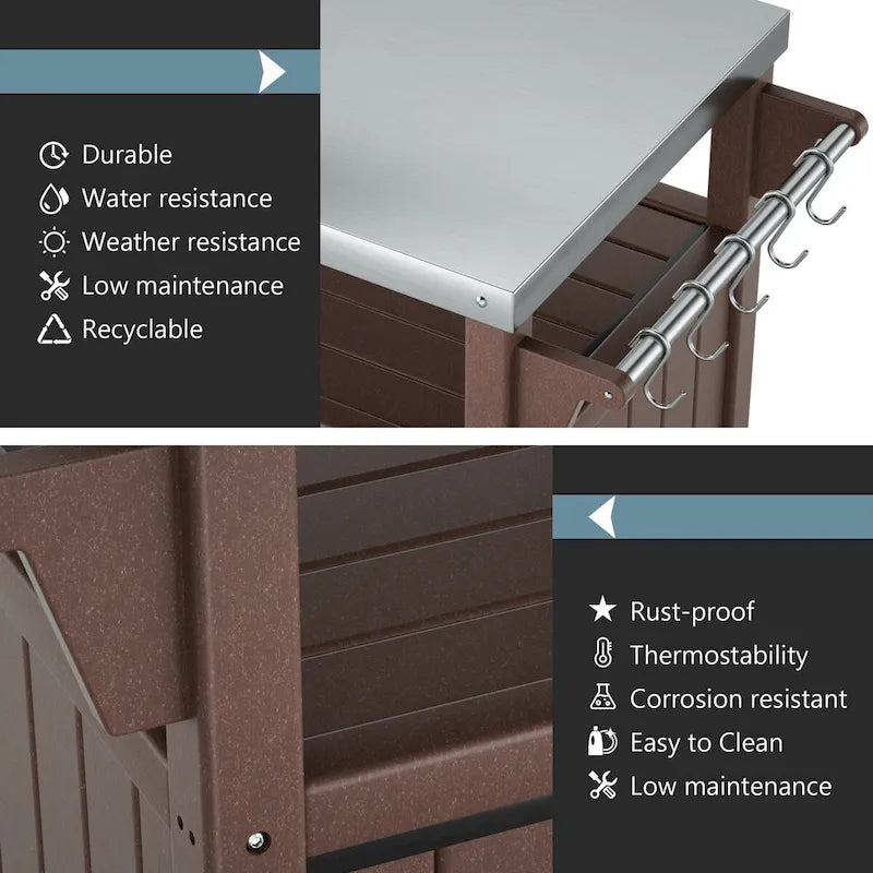 Chariot de service pour barbecue/grill, table de préparation et de repas extérieure avec plateau en acier inoxydable 304 et revêtement en PEHD.