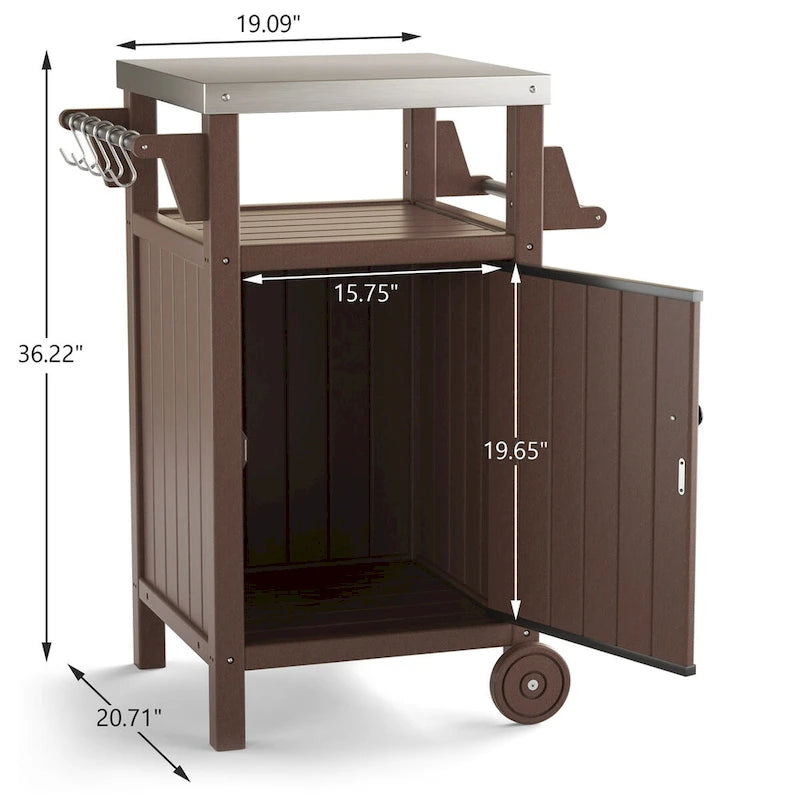 Chariot de service pour barbecue/grill, table de préparation et de repas extérieure avec plateau en acier inoxydable 304 et revêtement en PEHD.