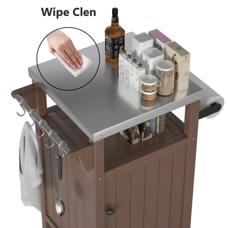 Chariot de service pour barbecue/grill, table de préparation et de repas extérieure avec plateau en acier inoxydable 304 et revêtement en PEHD.