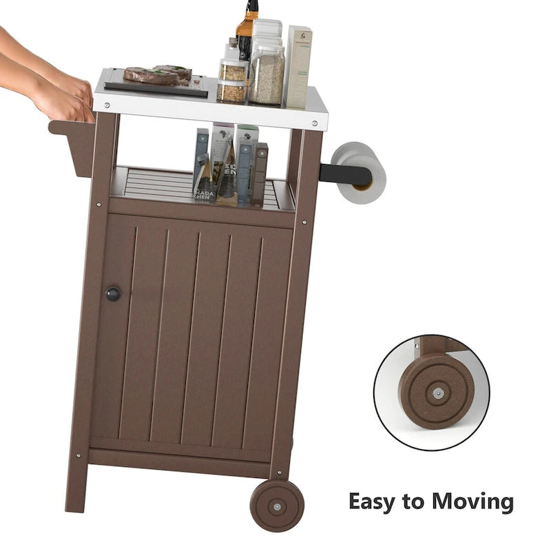 Chariot de service pour barbecue/grill, table de préparation et de repas extérieure avec plateau en acier inoxydable 304 et revêtement en PEHD.